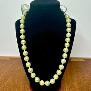 Pearl Necklace with Sage Green Striped Satin Sheer Organza Ribbon Tie